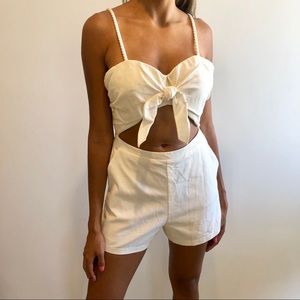 Lovers + Friends Ivory Tie-Front Romper with Cutout Waist